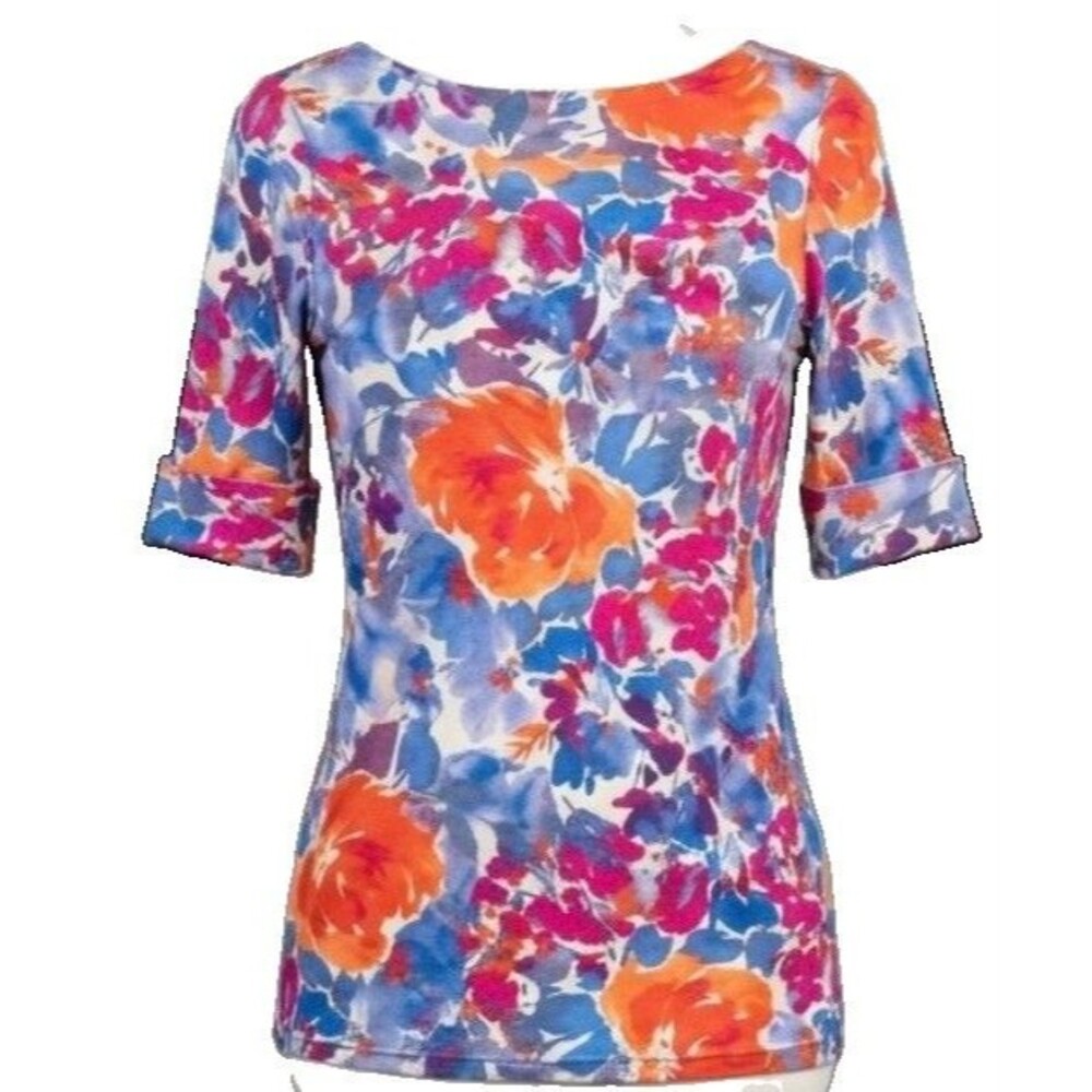 Lauren Ralph Lauren Floral Stretch 3/4 Sleeve T Shirt Women’s Small Vibrant